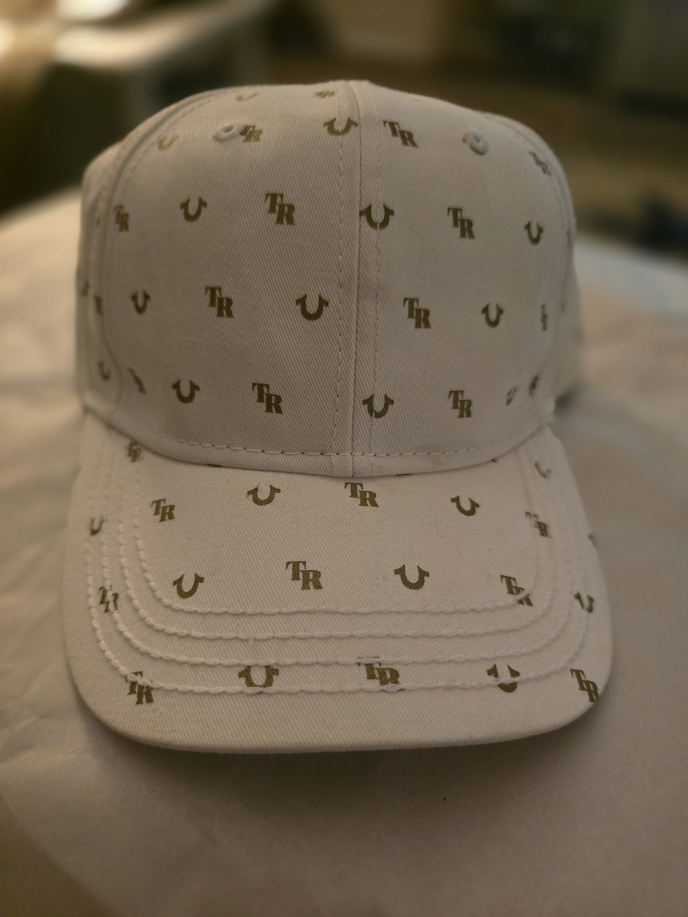 True Religion White Baseball Cap with Gold Logo Pattern